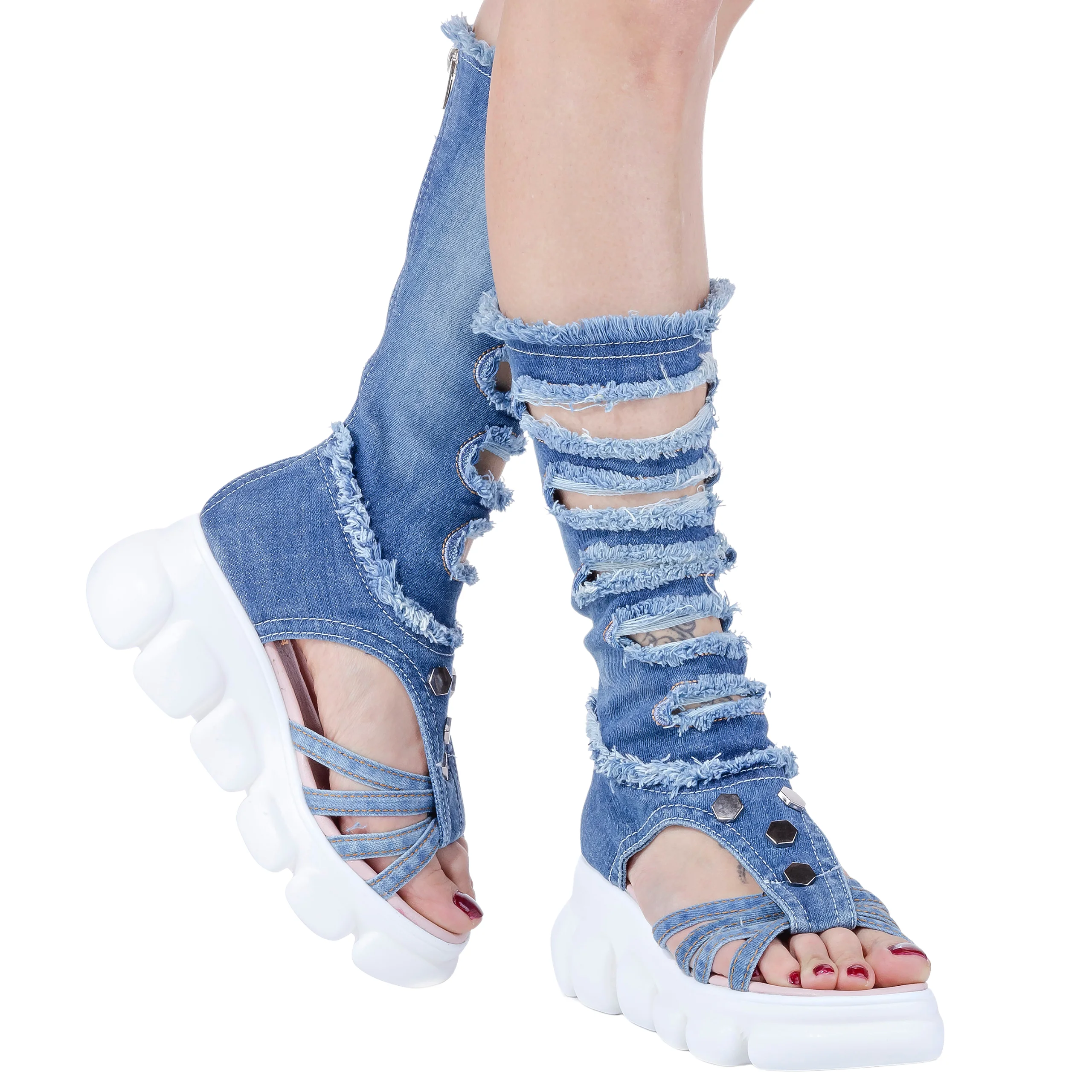 Botas vaqueras rasgadas para mujer, zapatos deportivos con estampado azul