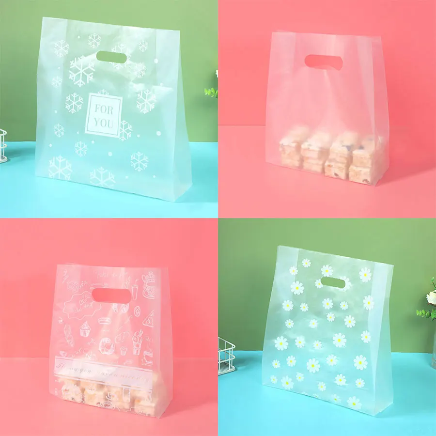 50pcs Die Cut Plastic Merchandise Shopping Bags With Handle, Candy Cake Wrapping Organizer Bags,Wedding Party Gift Bag