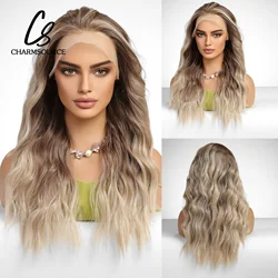 CharmSource 13x4 koronkowe peruki z przodu brązowy Ombre blond syntetyczne długie faliste peruki z kręconymi włosami dla kobiet Cosplay peruka z włosami o dużej gęstości