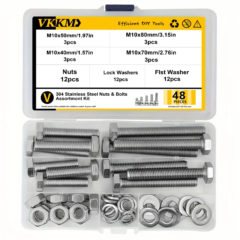 VKKM 48Pcs M10 Stainless Steel Bolt and Nut Kit, 304 Hex Head Screws Assortment 4 Lengths with Flat & Lock Washers, Corrosion Resistant Hardware for DIY Repair