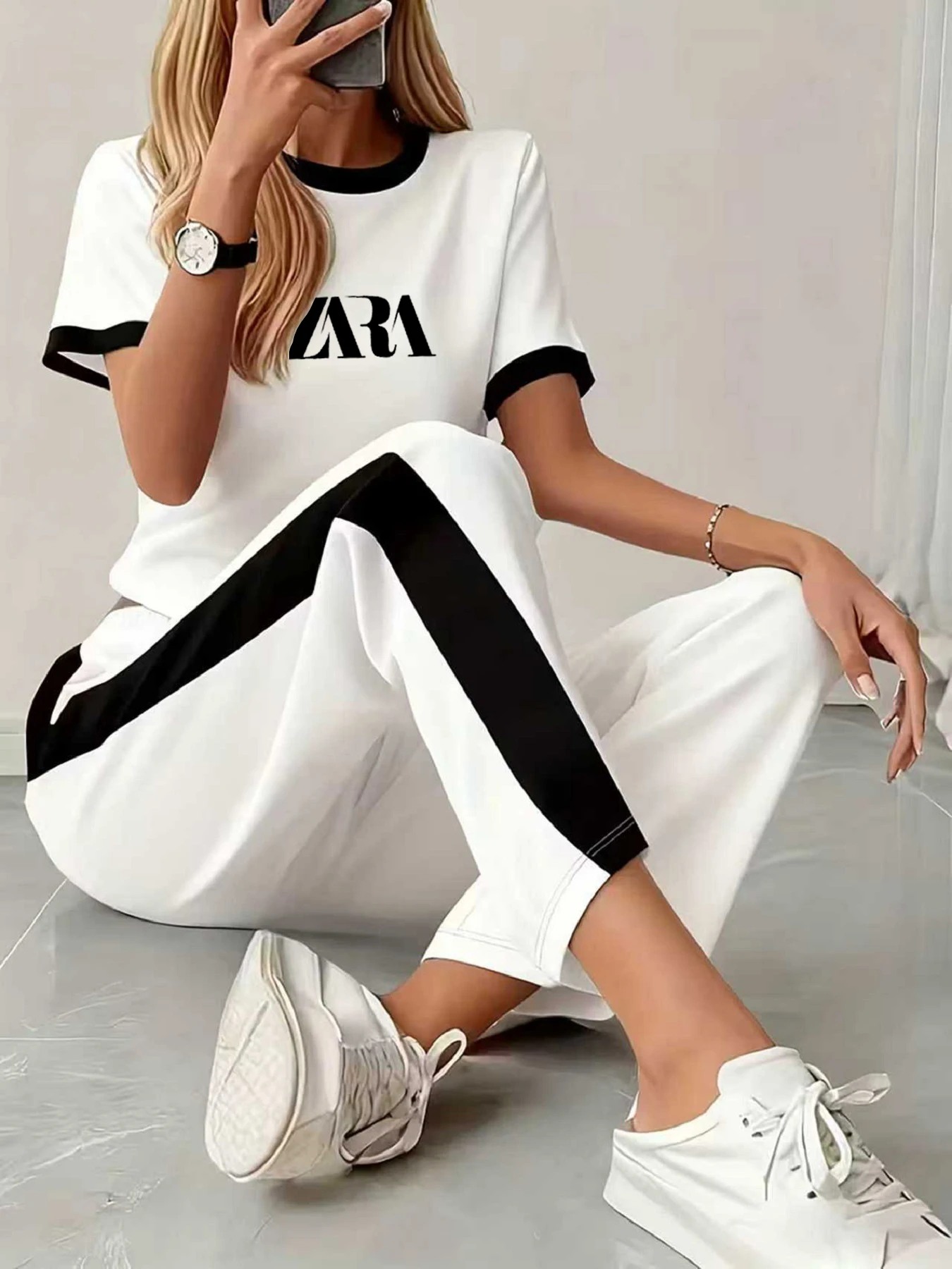 Conjunto Casual Branco Zara com Estampa de Letras para Primavera e Verão, Camiseta de Manga Curta + Calças Jogger Soltas, Conjunto Versátil de Duas Peças
