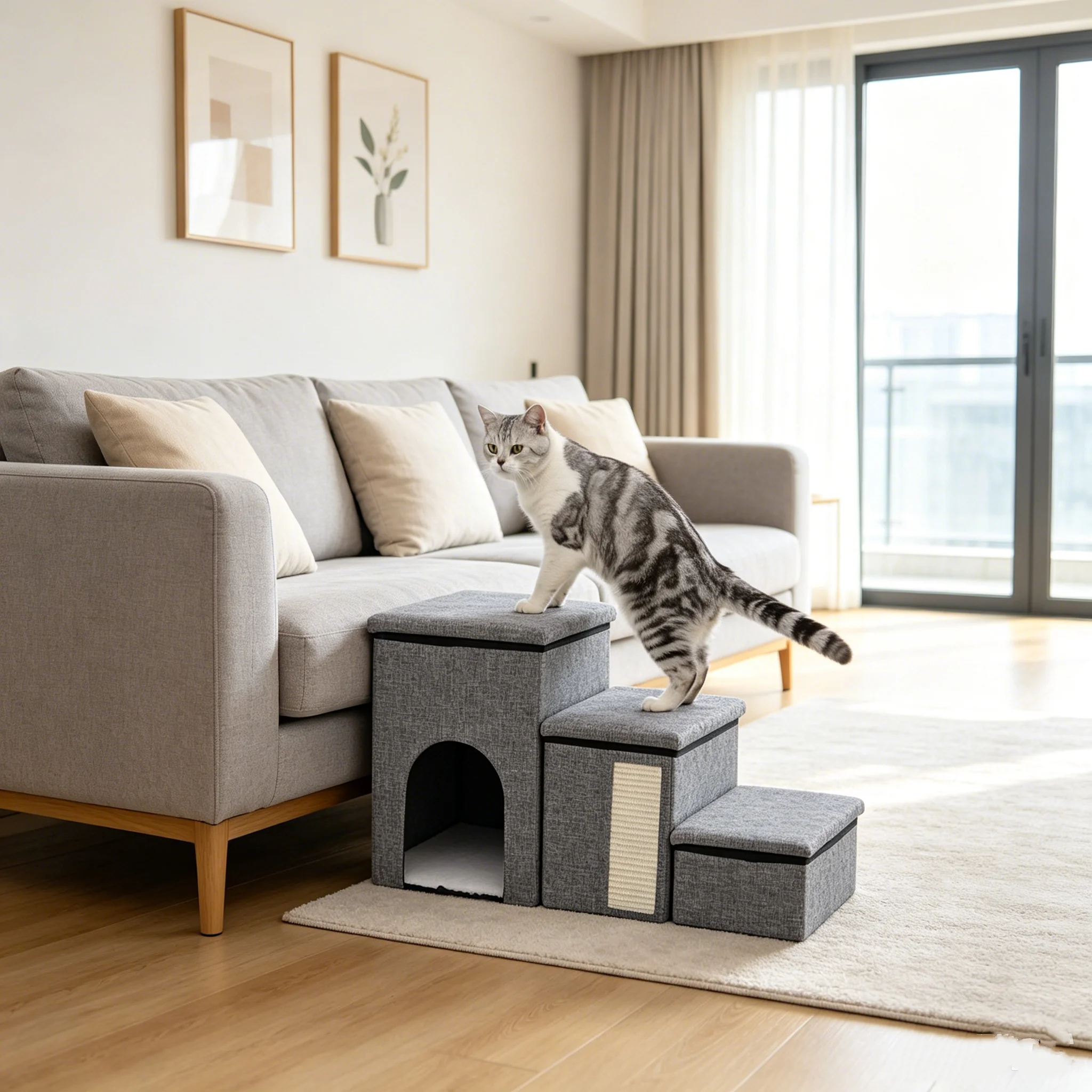 "Escalier chien chat 3 marches multifonction gris avec griffoir sisal et rangement intégré"