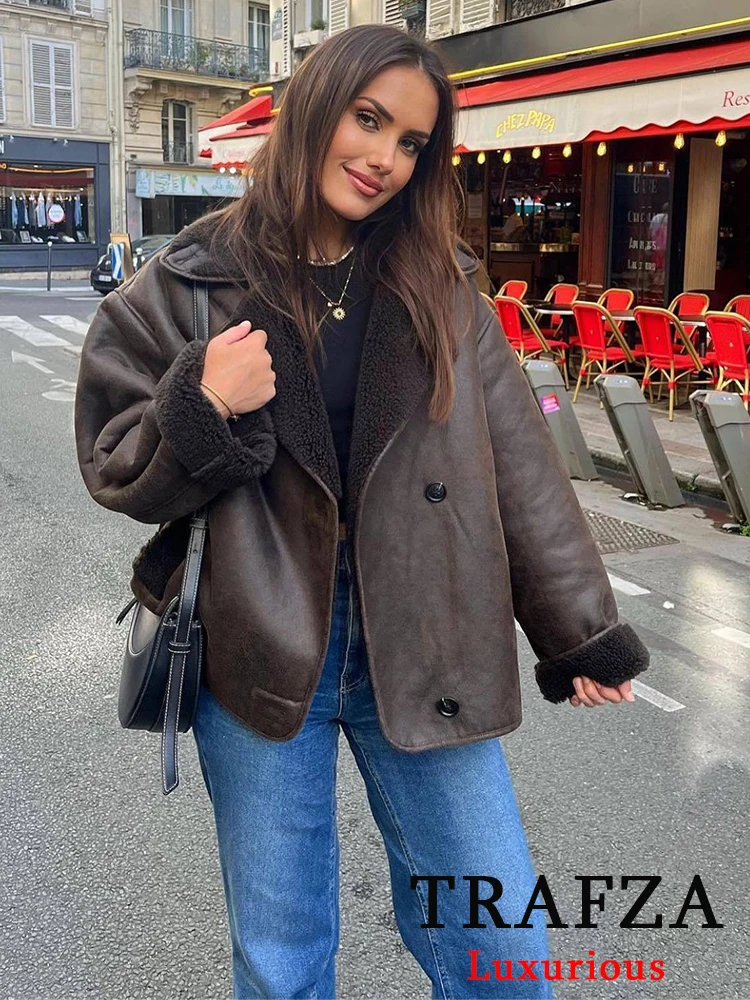 TRAFZA Streetwear Brown Leather Oversized Jackets Women Long Sleeve Single Buttons Thick Coats Fashion 2024 Vintage Outwears