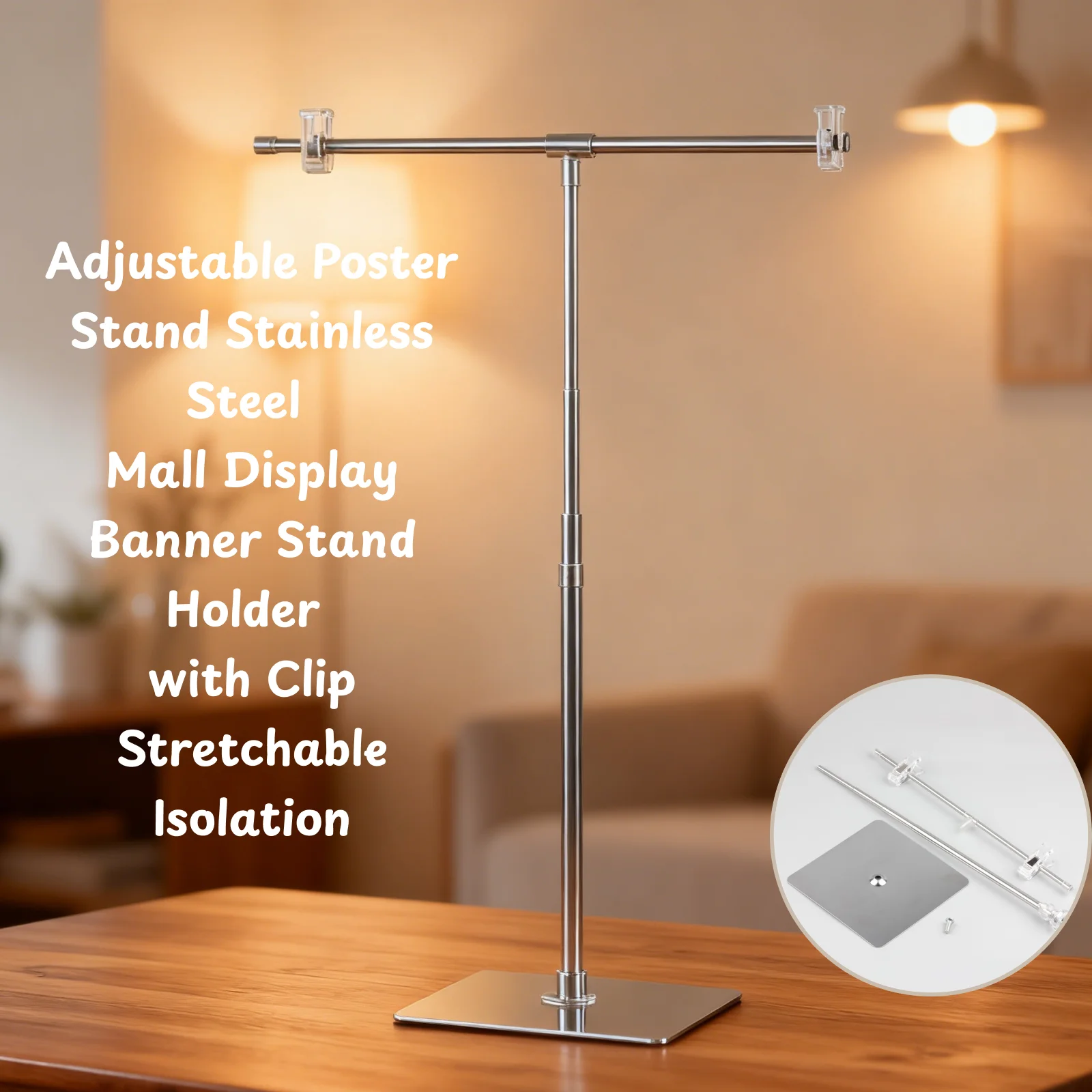1 Pc Adjustable Poster Stand Display Banner Holder with Clip Stretchable Poster Stand Stainless Steel Mall for Exhibitions