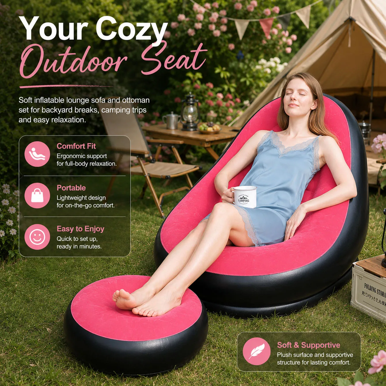 1PC Inflatable Lounge Sofa with Footstool Air Sofa Chair Thickened PVC Outdoor Camping Recliner Bed Portable Garden Furniture