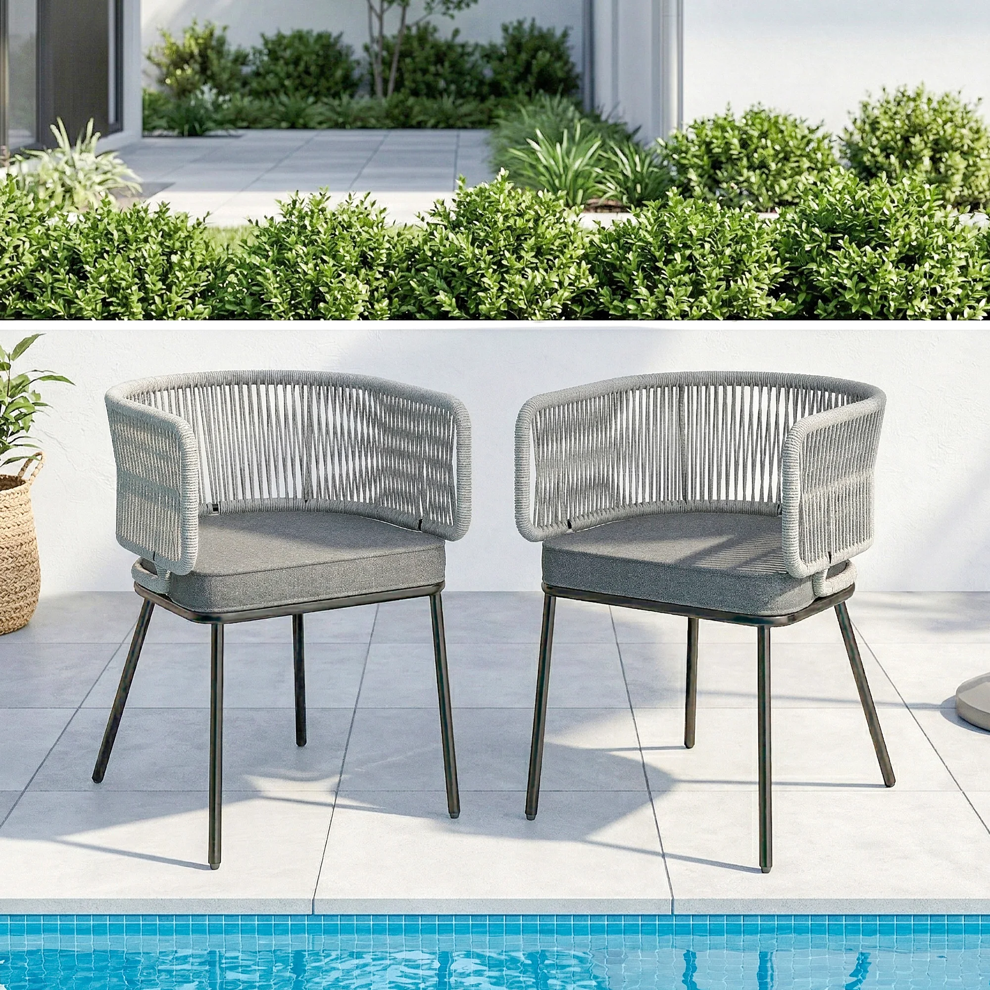 Lot de 2 Fauteuils de Jardin, Dossier et Accoudoirs en Corde Résine Tressée, Coussins Amovibles, 46x58x72cm, Gris Clair