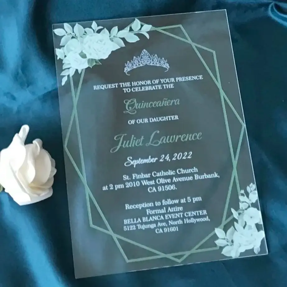 

Floral Acrylic Wedding Invitation Cards,Personalized Envelope,Custom, Transparent Quinceanera Birthday Invitations, 10Pcs