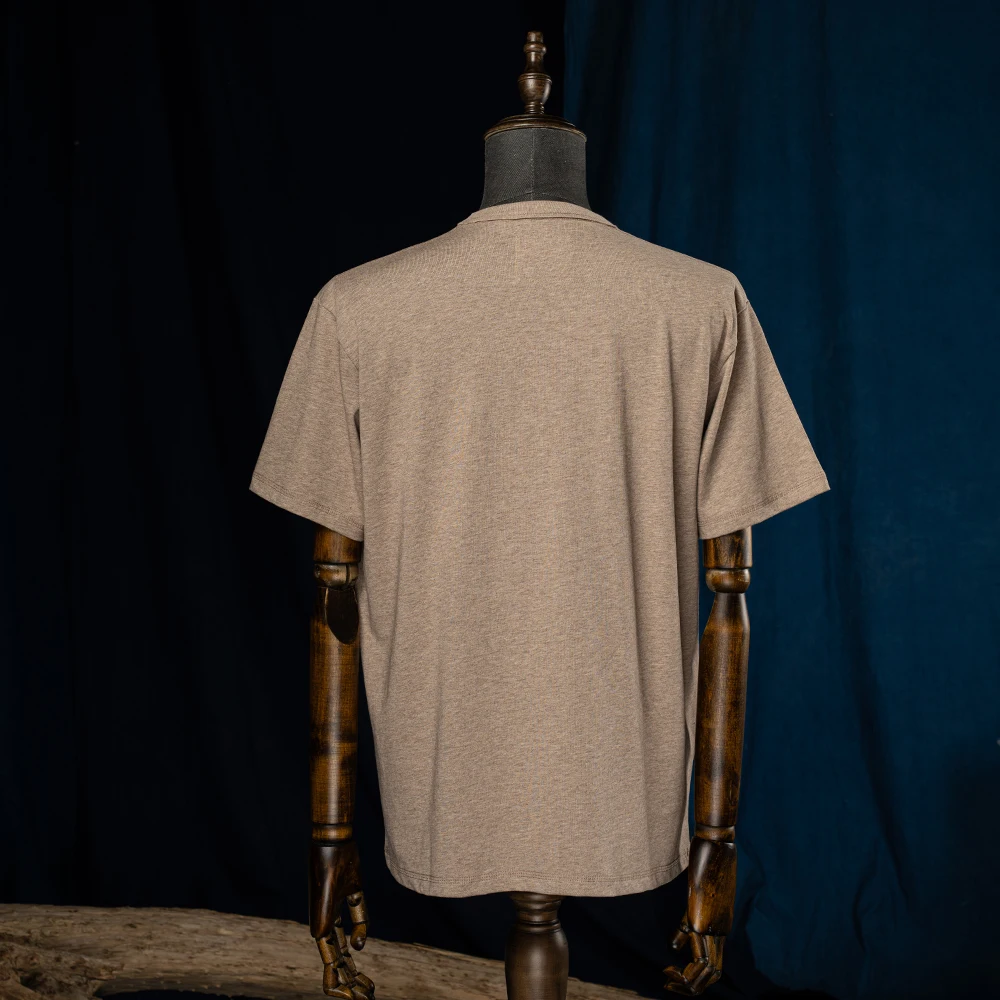 Summer New Vintage Cotton Casual T-Shirt Men Khaki Short Sleeve T-Shirt Basic Soild Round Neck Pocket T-Shirt