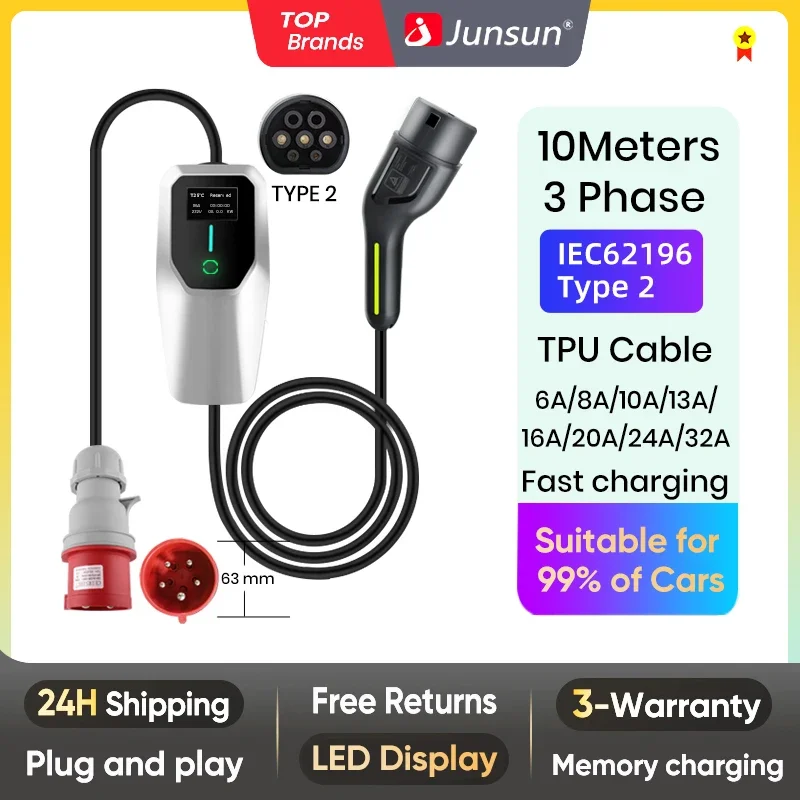Junsun Portable EV charger Type2 IEC62196-2 Wallbox 3.5-7-11-22KW 6A to 32A 4-5-8-10 Meter IP65 for Tesla Kia Hyundai universal
