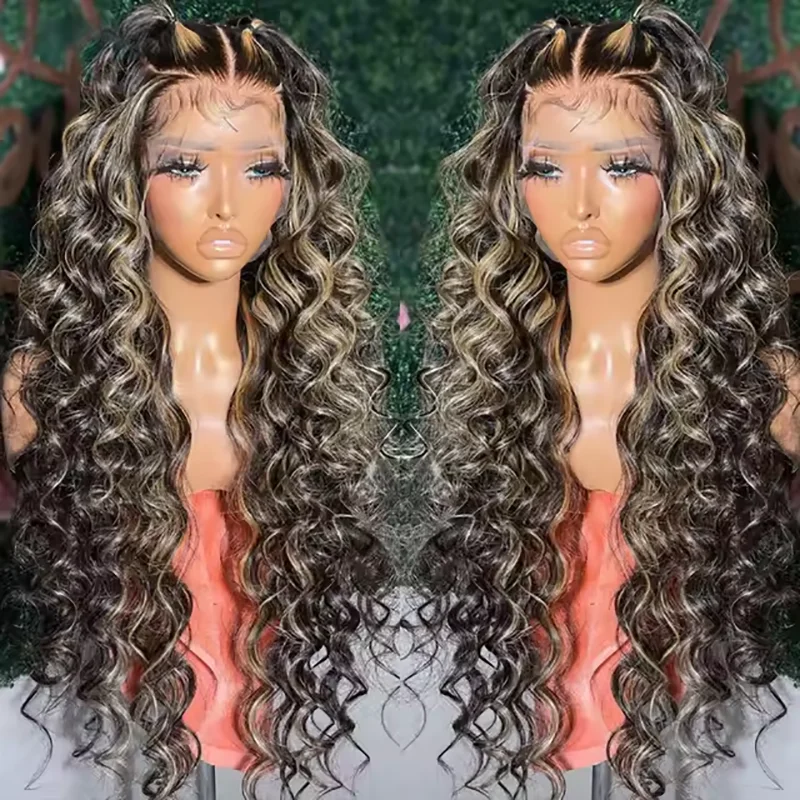 

1B/27 Highlight Curly Deep Wave Lace Frontal Wigs 180 Density Loose Wave Colored Pre Plucked 13x4 HD Lace Front Wig Human Hair