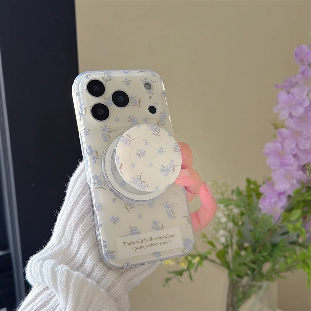 حافظة هاتف بحامل مغناطيسي لطيف وجديد من الزهور الزرقاء FRO مناسبة لهاتف iPhone 17pro، 13، 14، 15، 16 Promax أزياء مضادة للسقوط