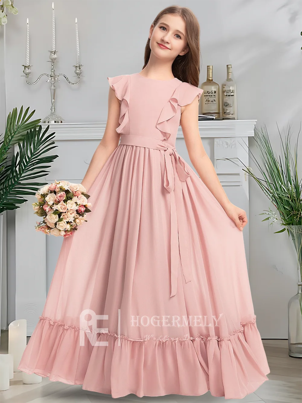 Роскошное платье подружки невесты с круглым вырезом, румяное платье с цветочным узором для девочек, шифоновое платье длиной до пола с каскадным бантом и оборками на свадьбу