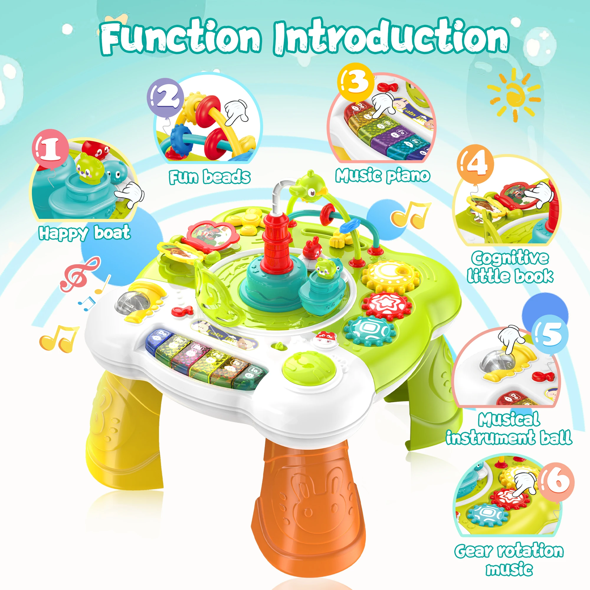 Muzikale activiteitentafel voor peuters: interactief leerspeelgoed met piano, verlichting en activiteiten voor peuters - groen plastic ontwerp