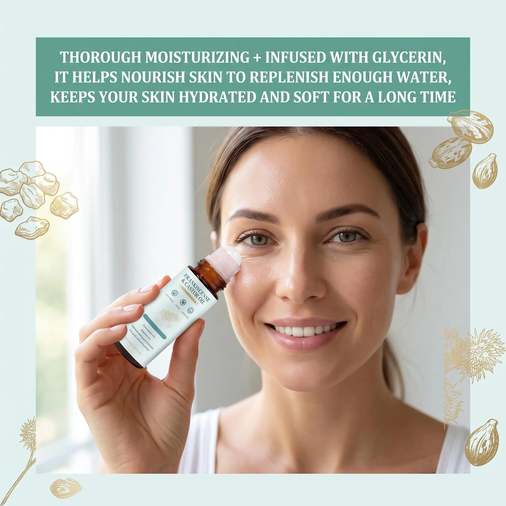 Castor Oil Roll on Frankincense Rose Essential Oil Eye Roller Pure Cold Pressed Face Serum Reduces Wrinkles Dark Circles Fine Lines Puffiness Moisturizing Soothes Dryness Irritation Relaxation Skin Care