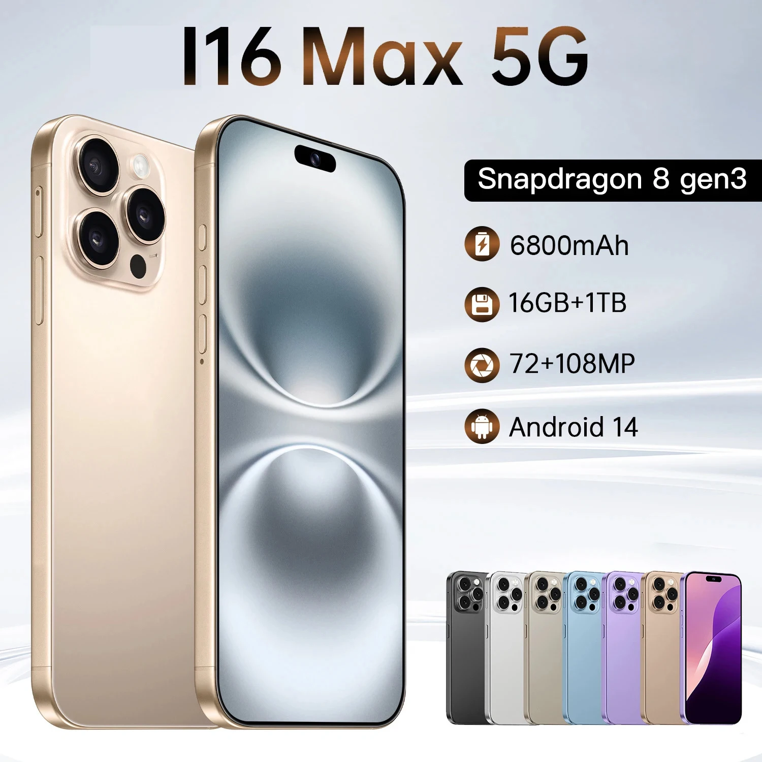 I16 Pro Max New Smartphone 5G 7.3-inch High-definition Android 13 Snapdragon 8gen3 10core Dual SIM Phone 6800mAh Unlocking Phone