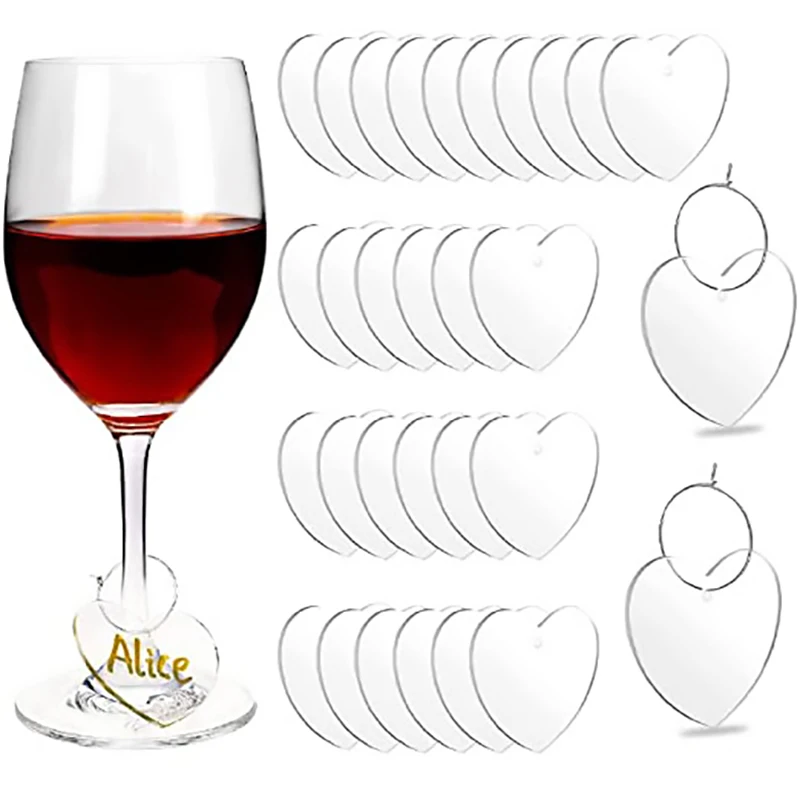 

Acrylic Wine Glass Charm Heart Shaped Drink Markers DIY Blank Wine Goblet Stem Glasses Name Tag Wedding Wine Tasting Party Décor