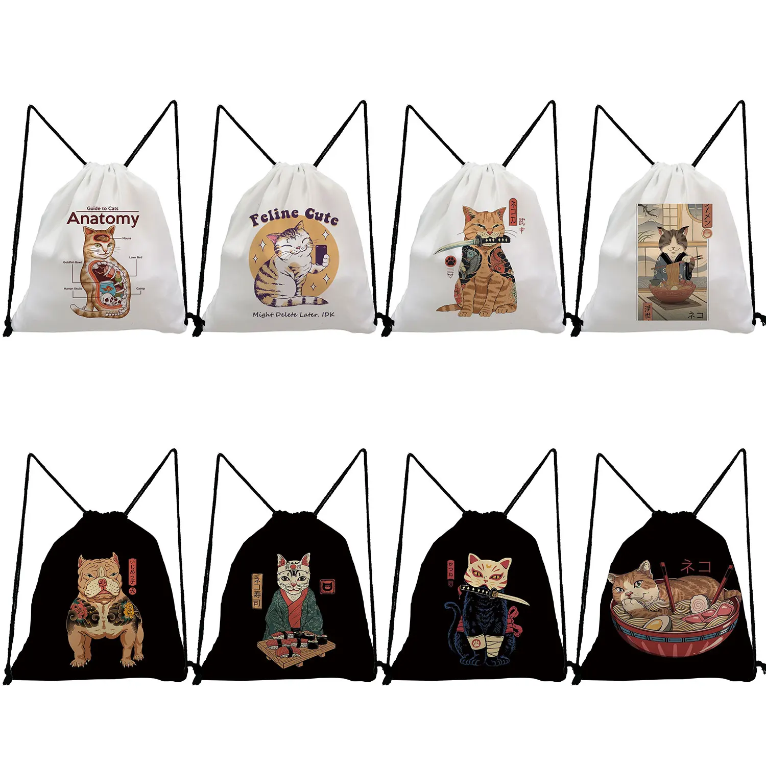 Shoes Bags Cool Backpacks for Students Retro High Capacity Japanese Style Drawstring Pocket 3d Cartoon Anime Samurai Cat Print