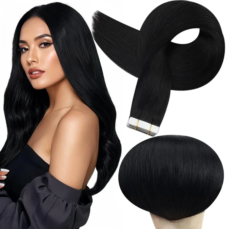 Alimice Tape In Hair Extensions  #1B Human Hair 50g Remy Straight Invisible Tape In Hair Extensions 20pcs For Women