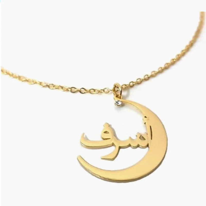 

Customize Arabic Name Necklace Personalized Moon Pendant Gold Stainless Steel With Birthstone French English Letter For Her Gift