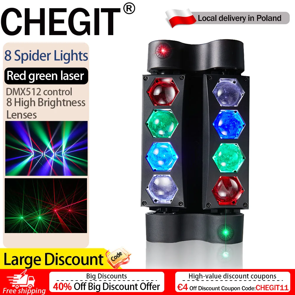 CHEGIT Projecteur de scène à tête mobile 8 yeux Spider, faisceau RGB, lumière DJ Spider avec laser rouge et vert, DMX512, mode de fonctionnement automatique activé par le son, pour discothèque, fête, club, bar, mariage, spectacle en direct, éclairage de scène, projecteur d'effets pour événements intérieurs, décoration de piste de danse, lampe