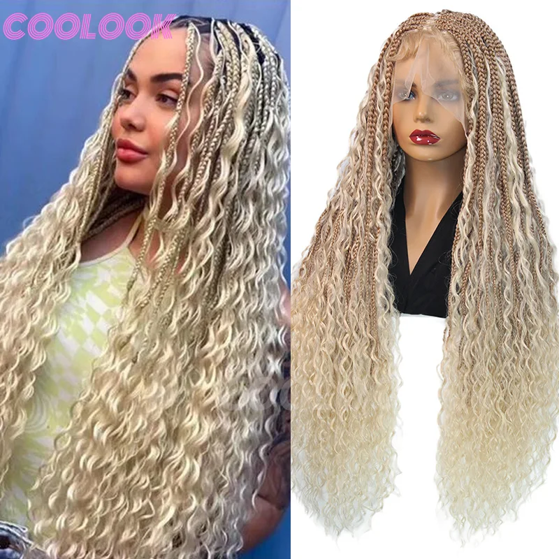 Full Lace Bohemian Braid Wig Synthetic 32 Inch Box Braids Goddess Wig With Curly Hair Ombre Blonde 613 Cornrow Jumbo Braided Wig