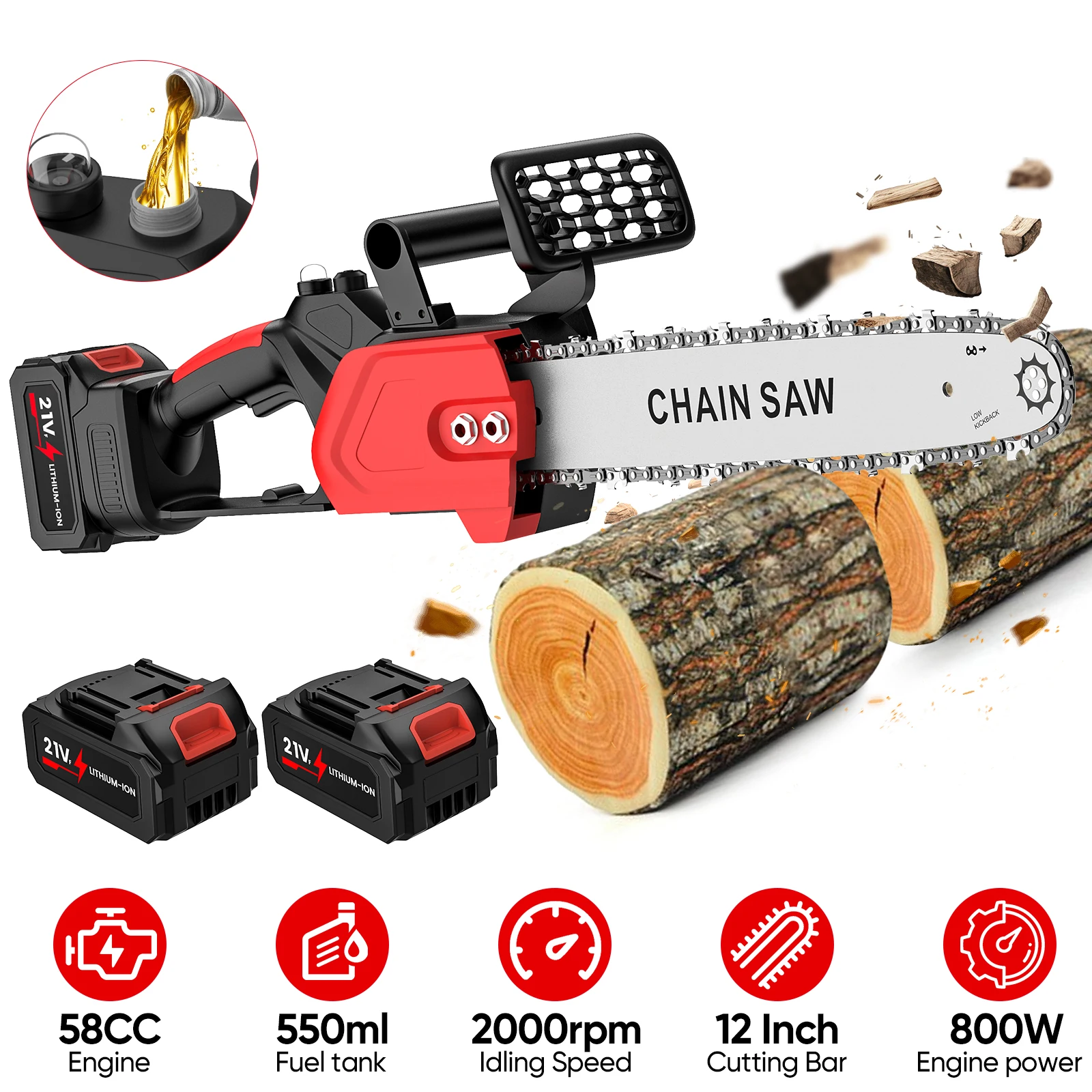 GECOFEER Bürstenlose Akku-Elektrokettensäge 12 Zoll 3500W Wiederaufladbare Holz-Fäll- und Schneidwerkzeuge für Makita 21V Akku