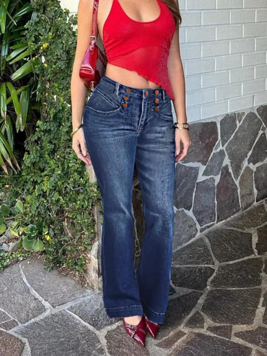 【HME】Women's Elegant Vintage Blue Denim Jeans - Mid-Rise, Bell Bottoms, Stretch Flare, Machine Washable, Decorative Buttons
