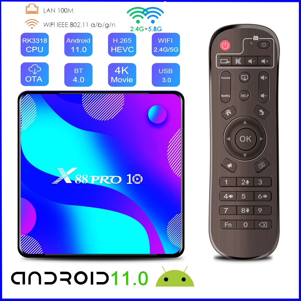 X88 Pro 10 Smart TV Box Android 11.0 RK3318 2.4G & 5.8G Dual Wifi 4GB + 128GB 3D Media Player BT4.0 Youtube 4k HDR + Set Top Box