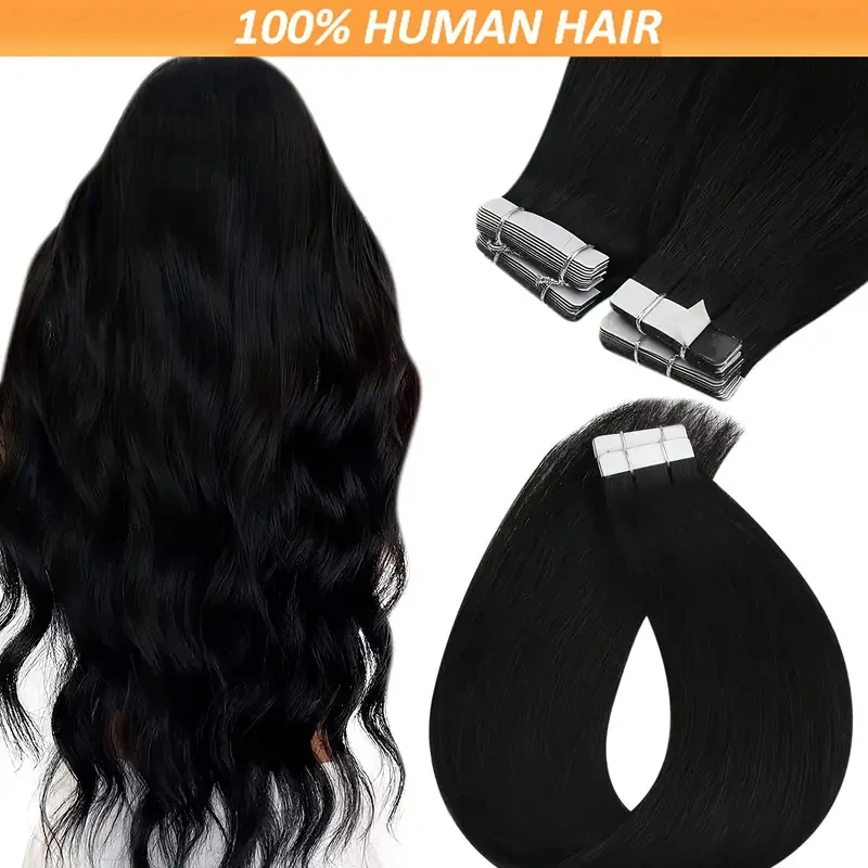 Alimice Tape In Hair Extensions  #1B Human Hair Remy 50g Straight Invisible Tape In Hair Extensions 20pcs For Women