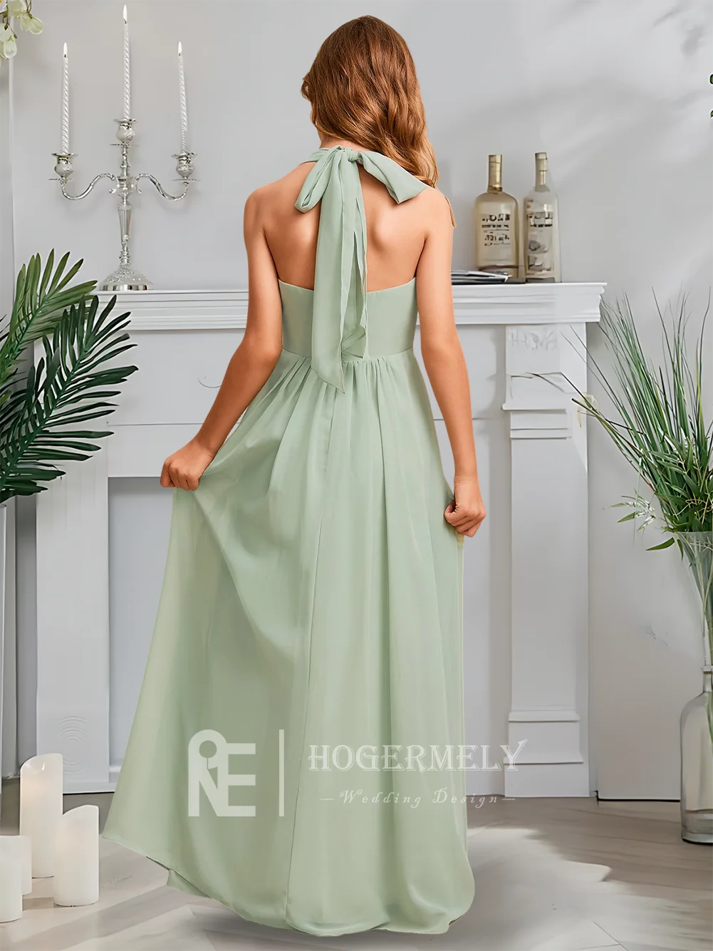 فستان وصيفة العروس الصغير للأطفال من سيلادون على شكل حرف A فستان فتاة الزهور من الشيفون برقبة مربعة مع ملابس رسمية للفتيات #2