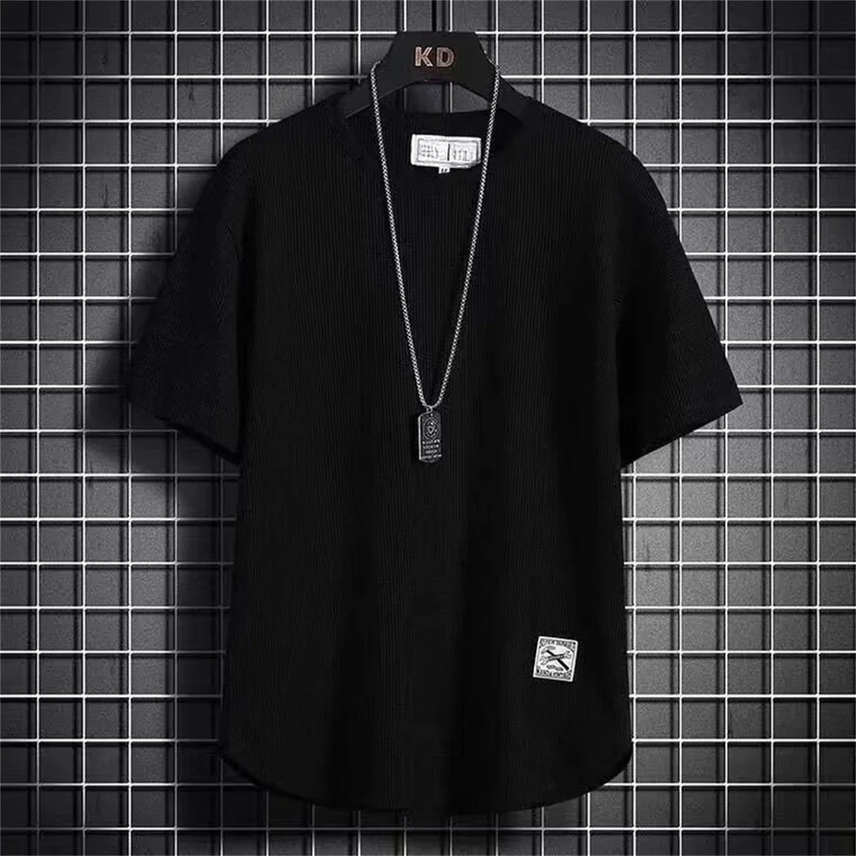 Modische Lack-Waffel-T-Shirts für Herren, Lässige Übergroße Oberteile, Koreanischer Stil, Atmungsaktive Qualität, Unisex Kurzarm-T-Shirts, Trendige Herrenbekleidung – Detail 2