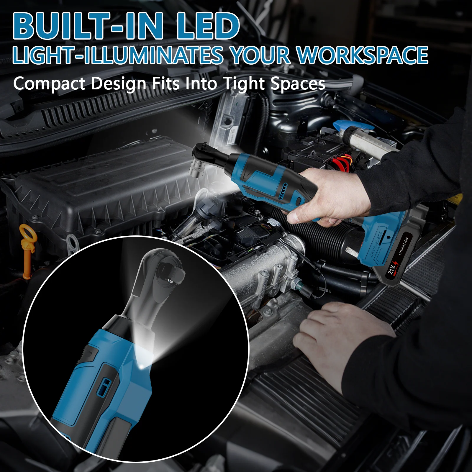 21V Elektrischer Ratschenschlüsselsatz, 3/8 Zoll Akku-Ratschenset mit 250 Nm, Drehmomentstarke Ratschen mit LED-Licht – Detail 4