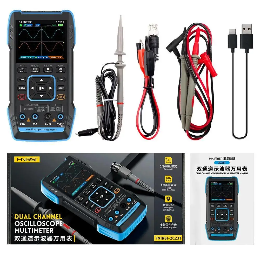 FNIRSI 2C23T draagbare digitale oscilloscoop multimeter + functiesignaalgenerator 2026 nieuwste 3-in-1 dual channel 10MHz * 2 50MS/s