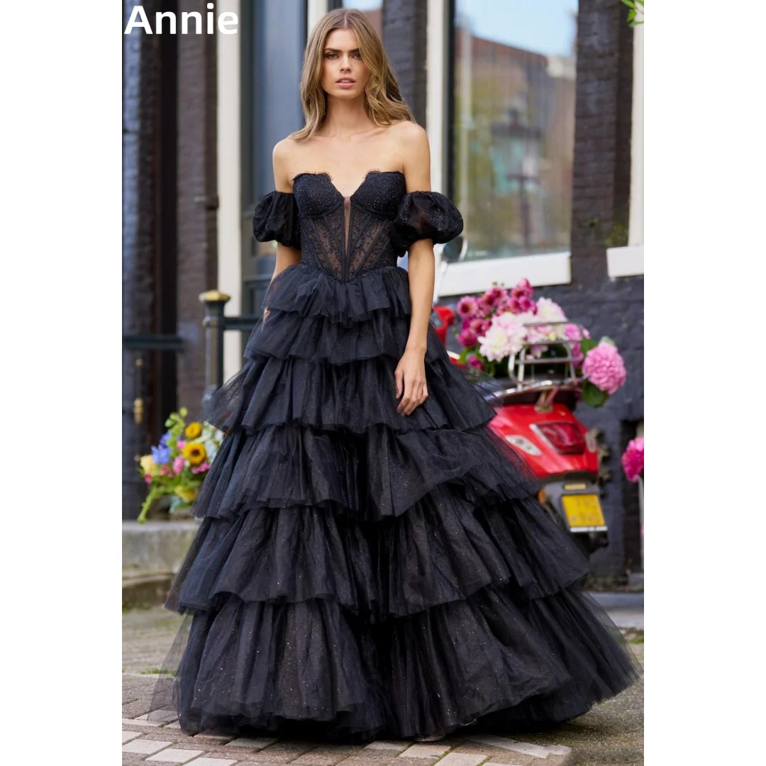 

Annie Black Beads Prom Dresses Off-shoulder Puff Sleeves Evening Dresses Multi-layer Tulle Wedding Party Dress Customized