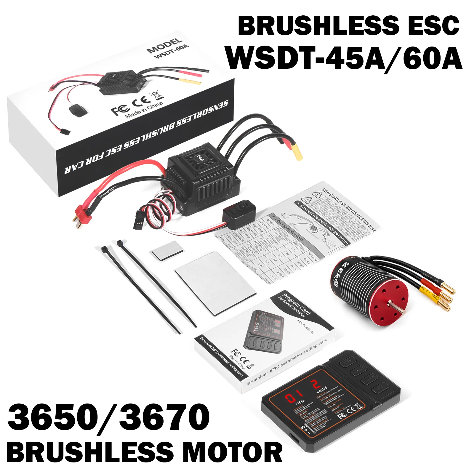 WSDT - 45A/60A SENSORLESS BRUSHLESS Speed Controller ESC With 3650/3670 BRUSHLESS motor kit for 1:10 RC Car RC Boat Part