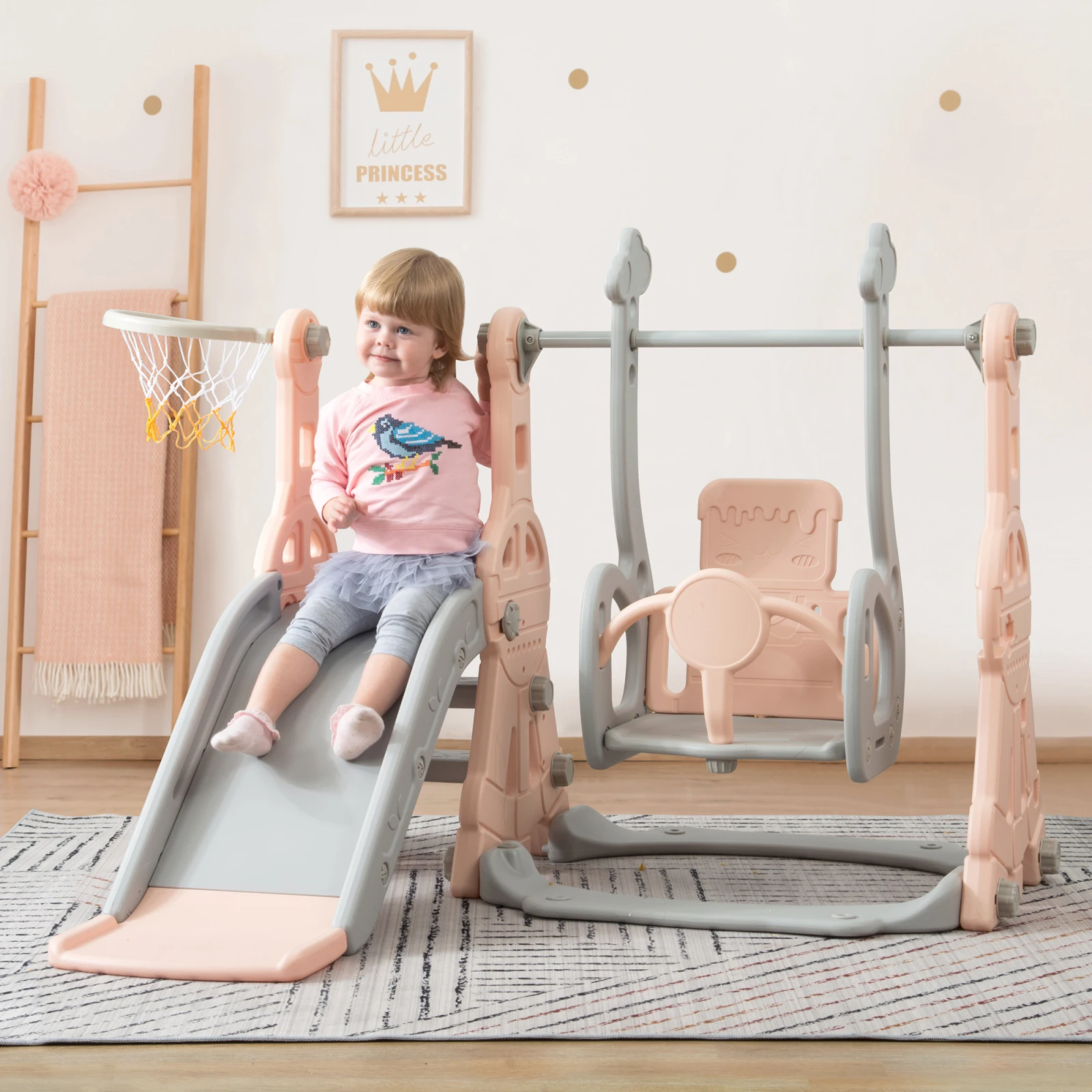 4-in-1 Kinderrutsche, Baby-Spielbereich mit Schaukel und Basketballkorb, Indoor-Outdoor-Aktivitätspark für Kinder von 1–6 Jahren, Spielstruktur mit rutschfesten Stufen, sichere Rutsche, Haus und