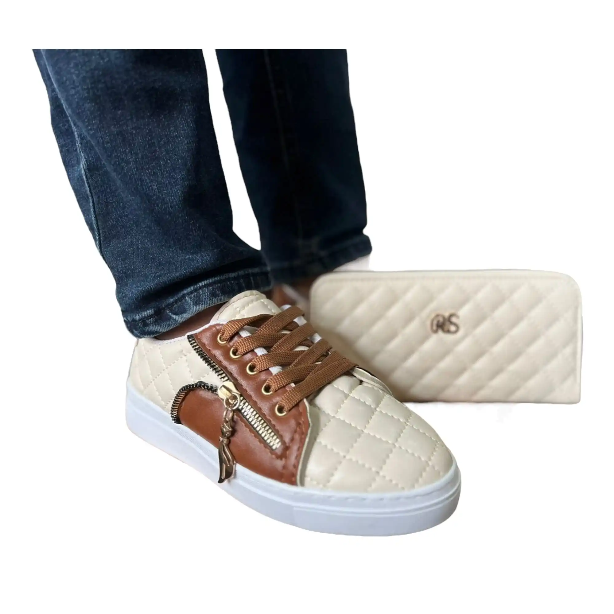 

RS RAZAN ISTANBUL Elegant Beige & Brown Women's Wallet & Athletic Shoe Set - Vibrant, Coordinated, and Stylish!"