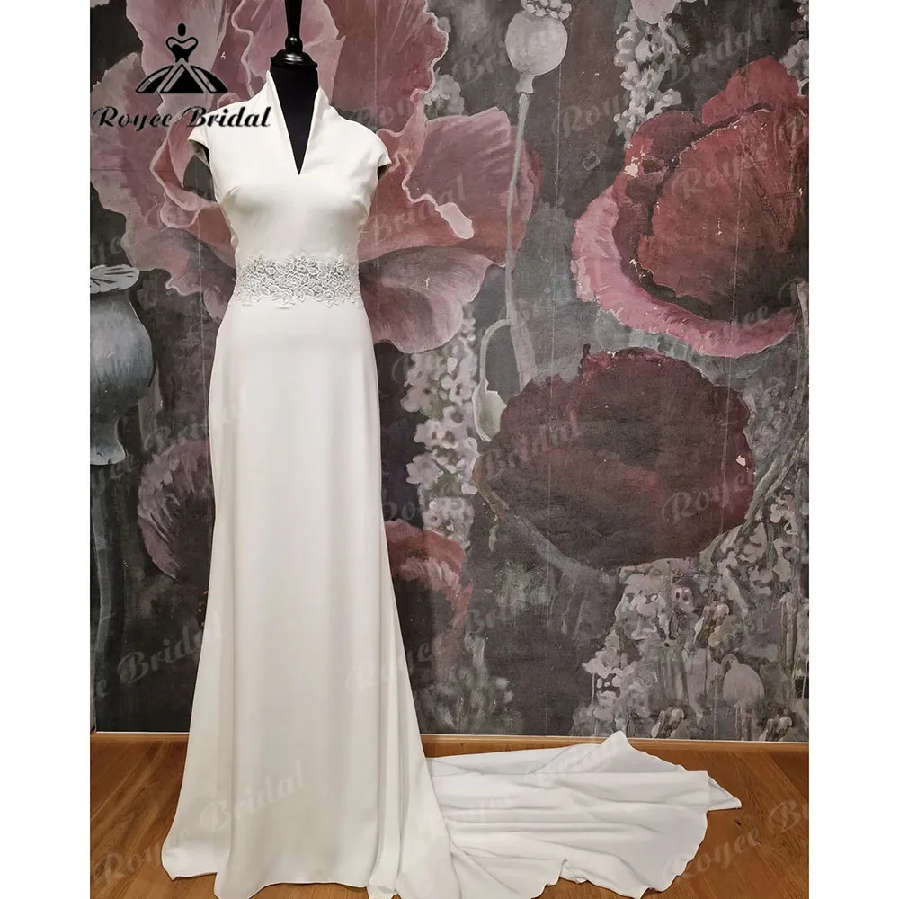 Sexy Soft Satin Lace Mermaid Wedding Dress with Cap Sleeve Sweep Train 2023 V Neck Bridal reception Party Gown Vestidos de Novia