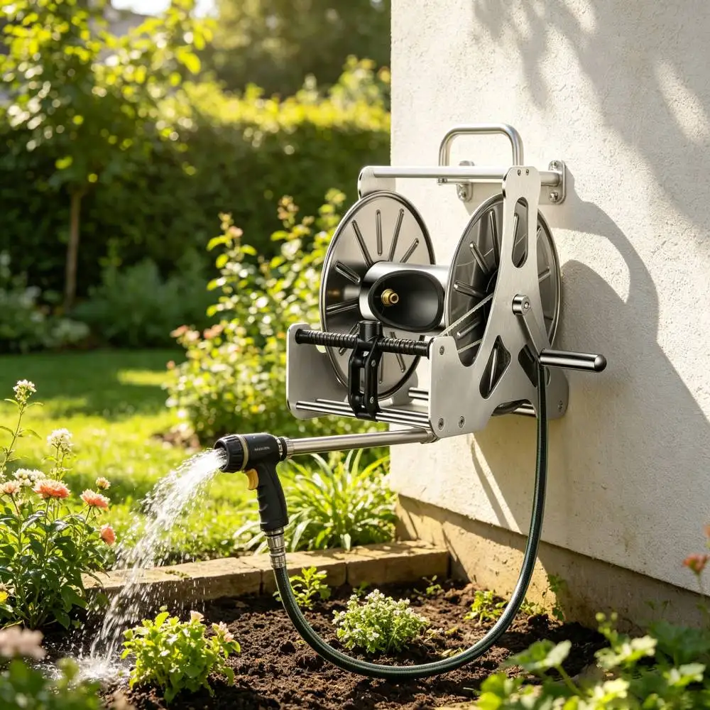 Wall-Mounted Hose Reel with Crank Handle Garden Tool Heavy Duty Hardware Tangle-Unobstructed for Gardeners, Backyard, Car Wash