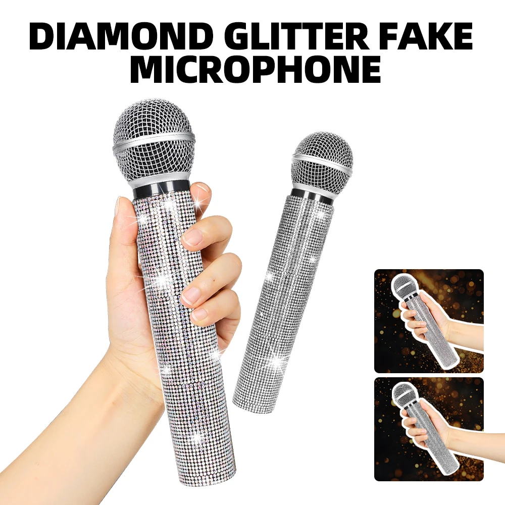 Gefälschte Mikrofon-Requisite, glitzernde Bling-Strasssteine, Kunststoff-Spielmikrofon, vorgeben, glitzerndes, bettgehaltenes Mikrofon für Cosplay-Party-Kostüm