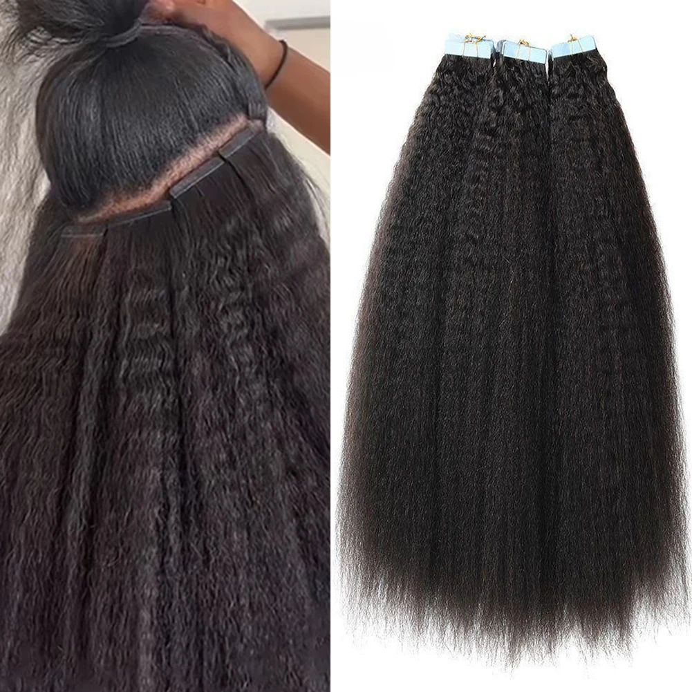 

Лента для наращивания волос, 100% человеческие волосы, кудрявый прямой уток кожи, натуральный черный для женщин, невидимый клей, шиньон для волос Remy