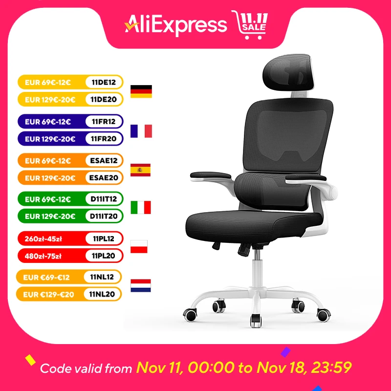 Chaise de bureau ergonomique, avec accoudoir pliant, dossier respirant réglable en hauteur, chaise de jeu pivotante