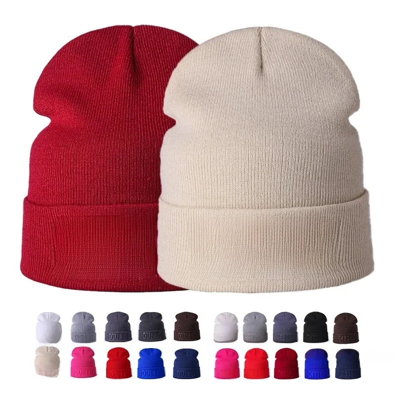 AliExpress MOONBIFFY Winter Hat King Queen Beanies Fashion Hip Hop Couples Cap Casual Solid Hat Men Woman Warm Knitted