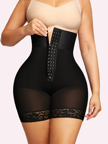 Faja moldeadora de cintura alta para mujer, moldeador de cuerpo con paneles de encaje negro para control de barriga y levantamiento de glúteos, moldeador elástico para piernas a