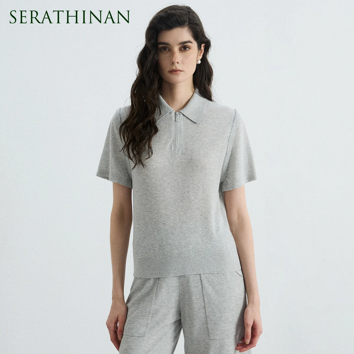 

BL3611508 Luxury Linen Silk Knit Polo Pullover Women's Elegant Zipper Collar Short Sleeve Pullover Slim Fit knitwear