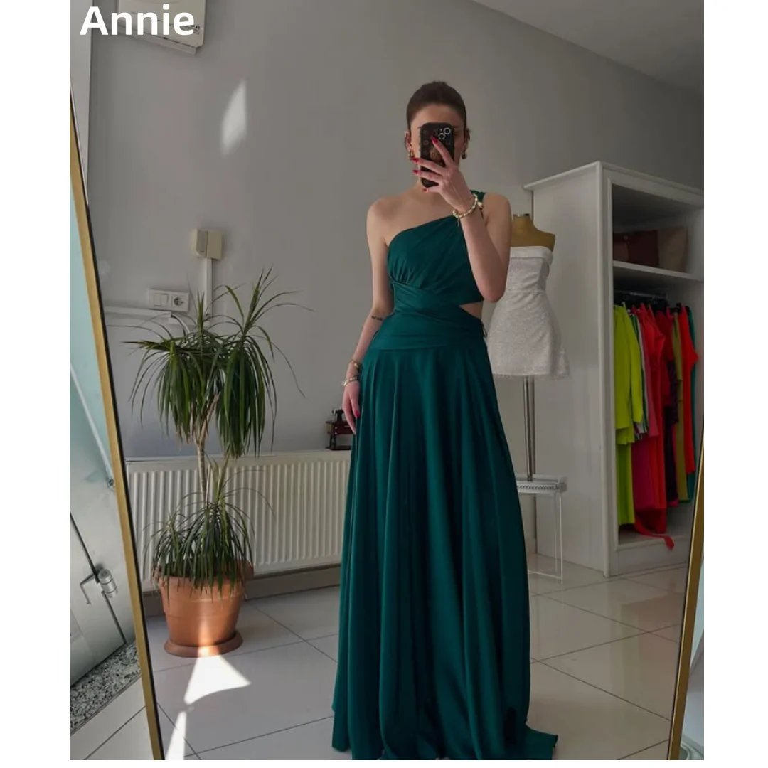 

Annie Pleated Waist Cutout Prom Dresses Green sexy One Shoulder Evening Dresses A-Shape Elegant Lady Party Dresses فساتين سهرة