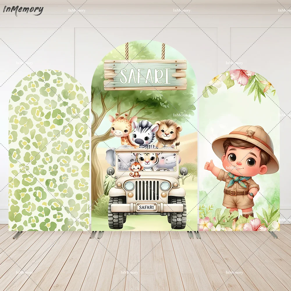 

Safari Party Decoration Boy Baby Shower Arch Backdrop Cover Green Giraffe Wall Animals Truck Birthday Background Banner 2-Sided
