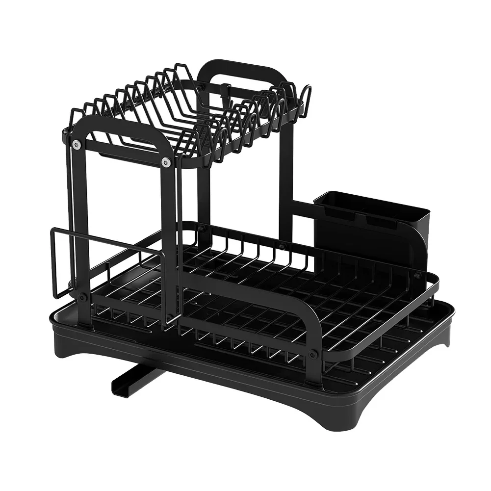 2-Tier Dish Drying Rack Kitchen Countertop Dish Bowl Drainer with Drain Board Household Cutlery Storage Organizer with Cup Rack