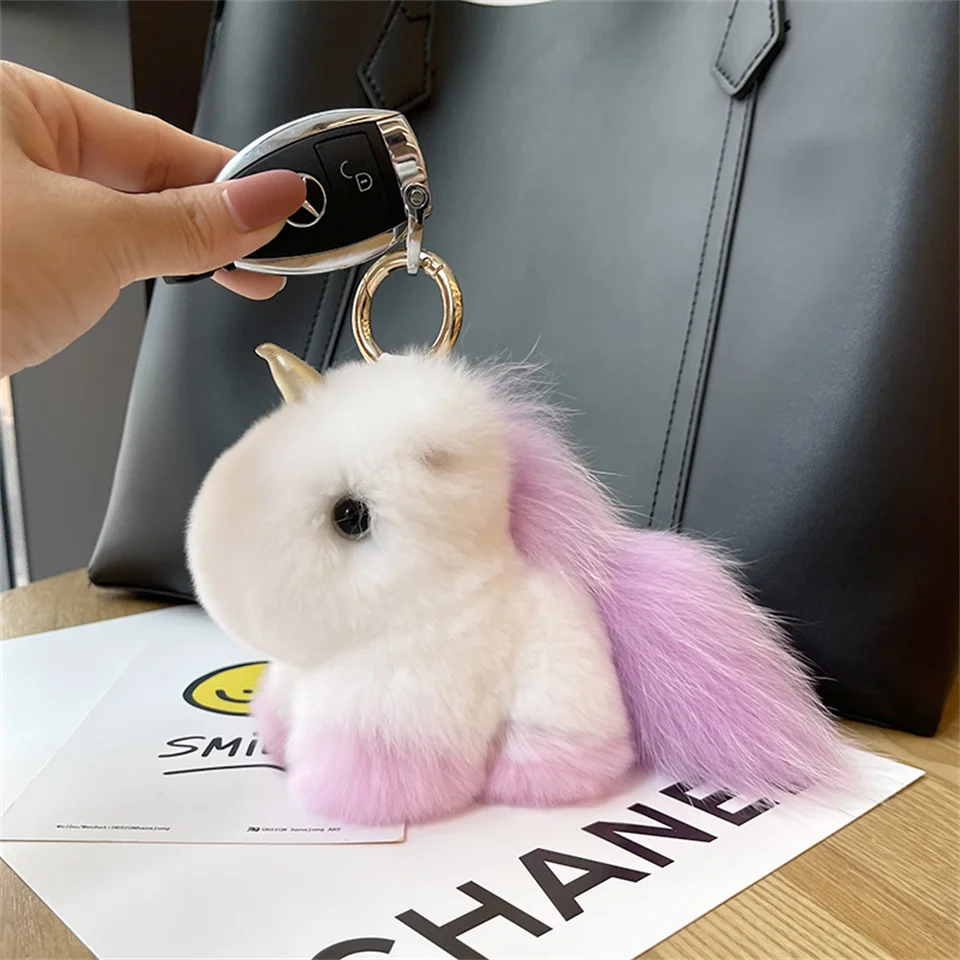 Fluuffy Cute Unicorn Bag Charm Real Rex Rabbit Fur Key Ring Backpack Clips Handbag Key Accessories Bag Charms For Girl Women