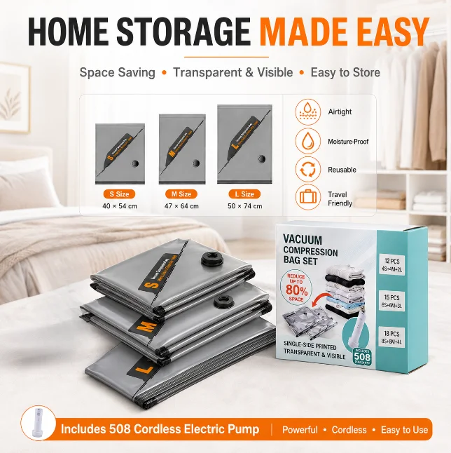 Vacuum Storage Bags with Electric Pump, Air-Tight Compression Bags for Clothes, Travel Essentials
